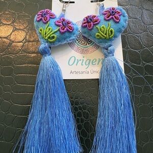 Blue Embroidered Heart Tassel Earrings